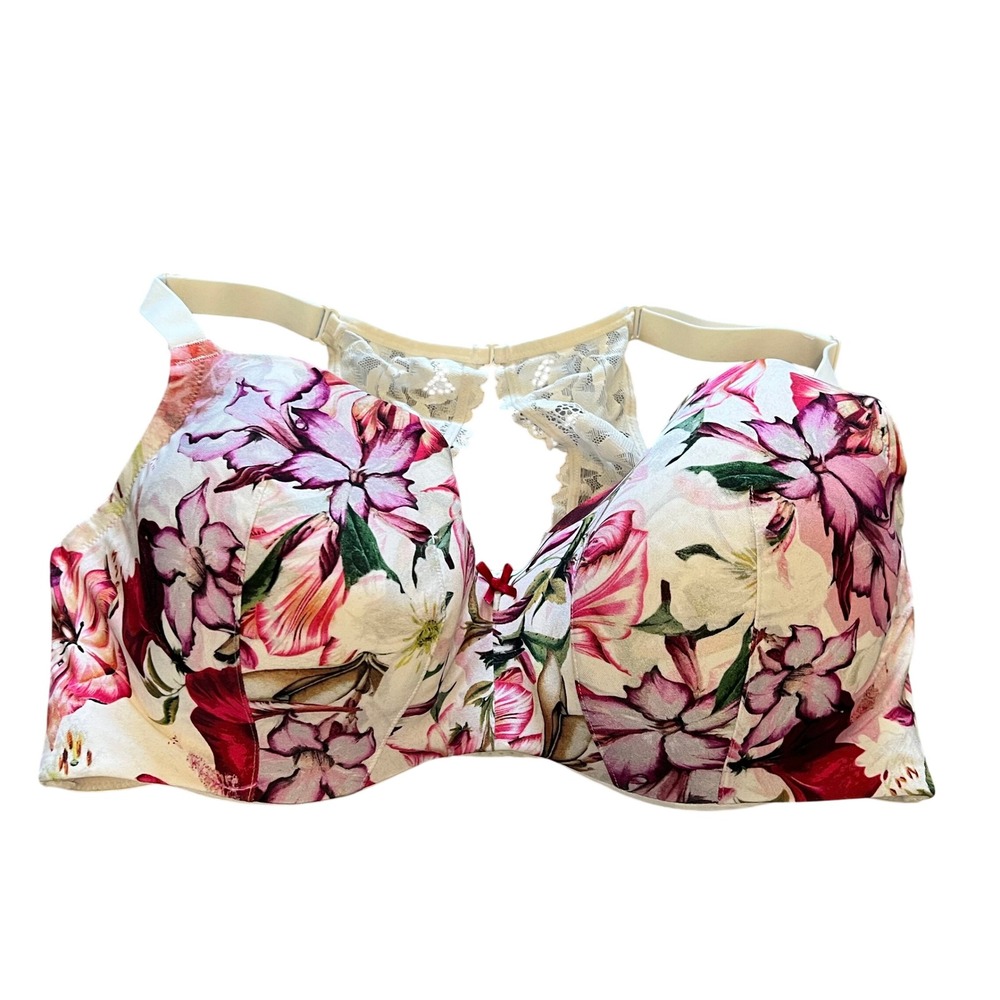 Cacique Floral Lace Racerback Lightly Lined Balconette Bra 40DDD Pink White 5581